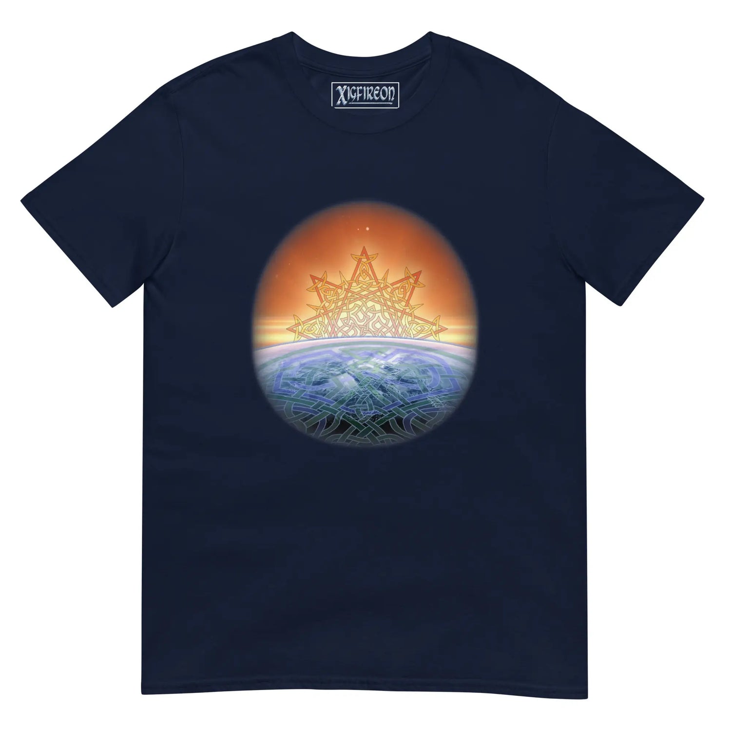 A blue Xigfireon graphic tee featuring the Derivation II Celtic knots merger design, symbolizing the cosmic dance between the Sun and the Earth.