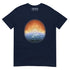 A blue Xigfireon graphic tee featuring the Derivation II Celtic knots merger design, symbolizing the cosmic dance between the Sun and the Earth.