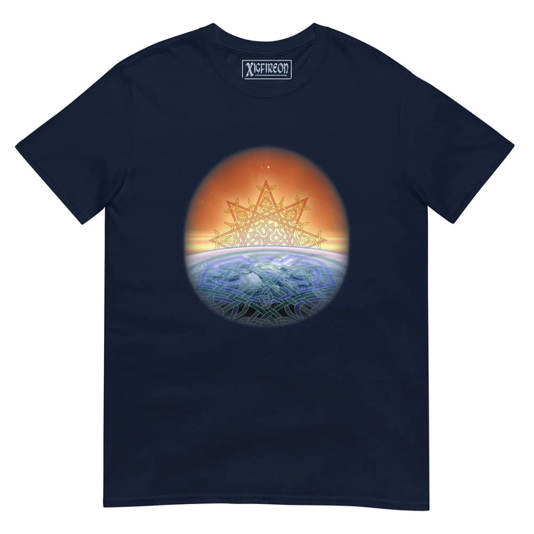 A blue Xigfireon graphic tee featuring the Derivation II Celtic knots merger design, symbolizing the cosmic dance between the Sun and the Earth.