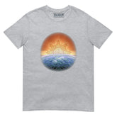 A sport grey Xigfireon t-shirt featuring the Derivation II Celtic knots merger design, symbolizing the cosmic dance between the Sun and the Earth.
