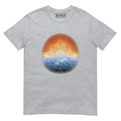A sport grey Xigfireon t-shirt featuring the Derivation II Celtic knots merger design, symbolizing the cosmic dance between the Sun and the Earth.