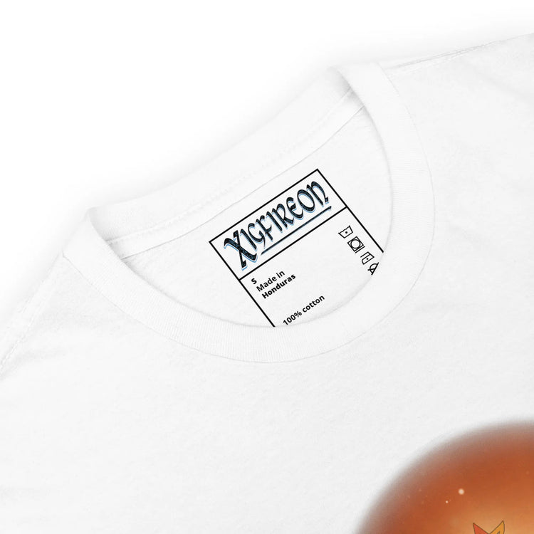 A view of the inside tag with the Xigfireon logo on a white Xigfireon t-shirt featuring the Derivation II Celtic knots merger design, symbolizing the cosmic dance between the Sun and the Earth.