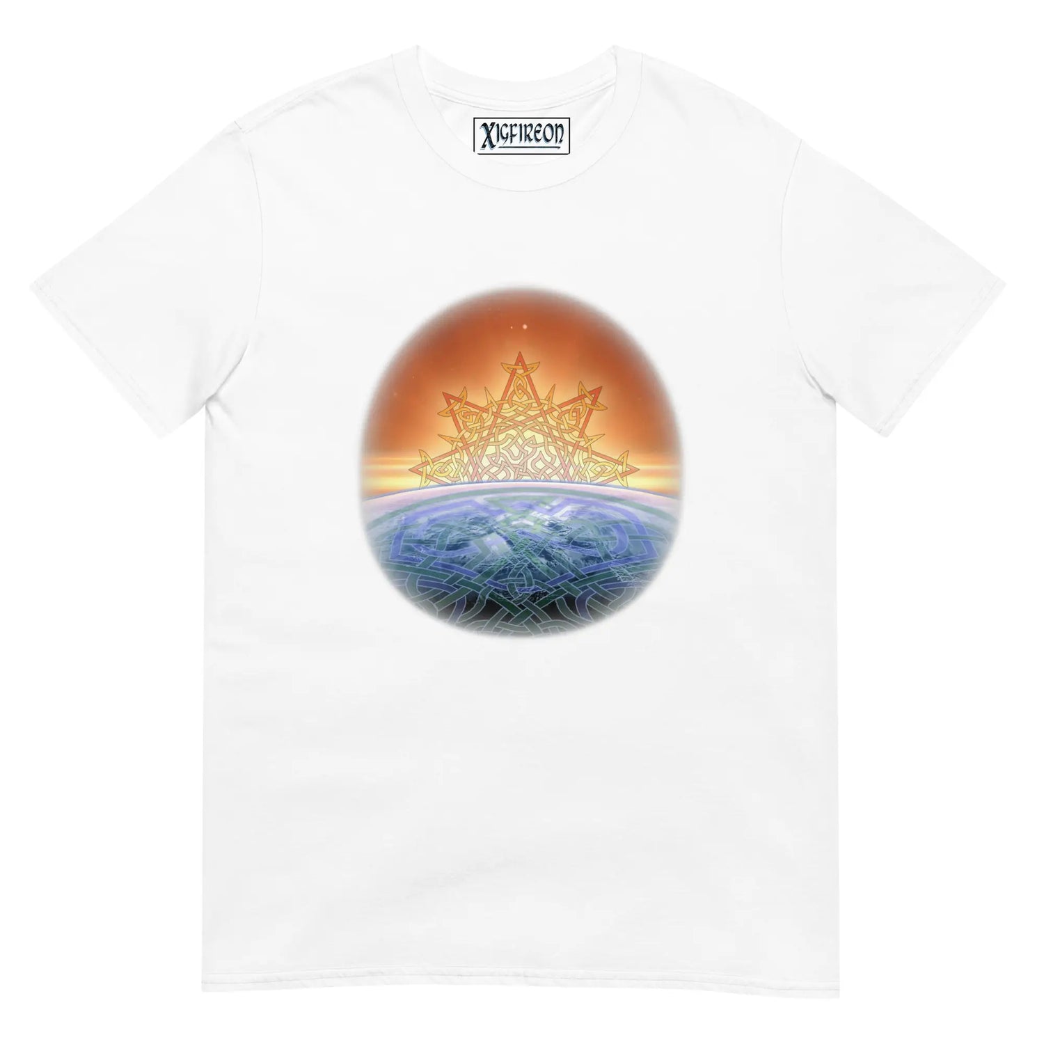 A white Xigfireon t-shirt featuring the Derivation II Celtic knots merger design, symbolizing the cosmic dance between the Sun and the Earth.