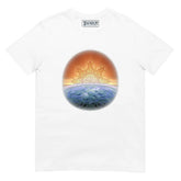 A white Xigfireon t-shirt featuring the Derivation II Celtic knots merger design, symbolizing the cosmic dance between the Sun and the Earth.