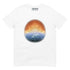 A white Xigfireon t-shirt featuring the Derivation II Celtic knots merger design, symbolizing the cosmic dance between the Sun and the Earth.
