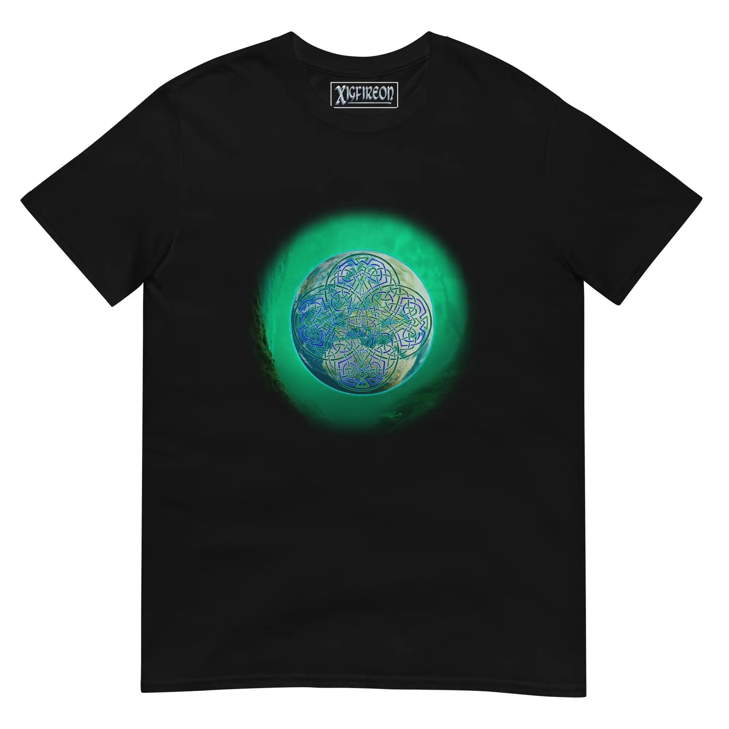 A black Xigfireon graphic t-shirt featuring the Deep Forest iteration of the Reach Of The Spirit Celtic knot design. The Reach Of The Spirit Celtic knot represents Mother Earth.