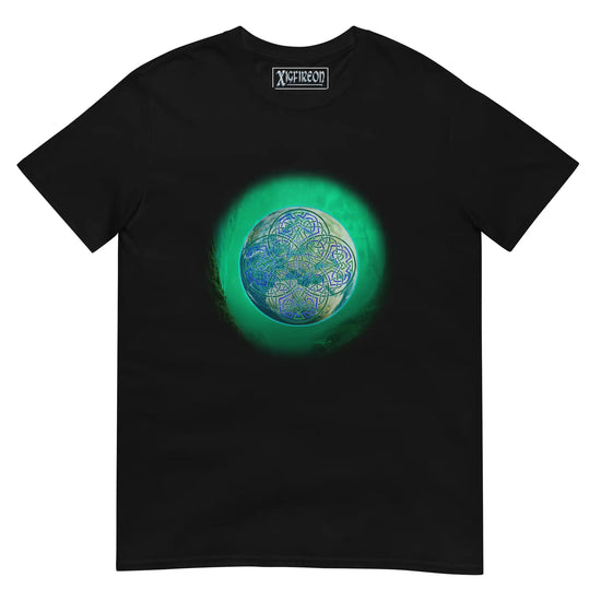 A black Xigfireon graphic t-shirt featuring the Deep Forest iteration of the Reach Of The Spirit Celtic knot design. The Reach Of The Spirit Celtic knot represents Mother Earth.