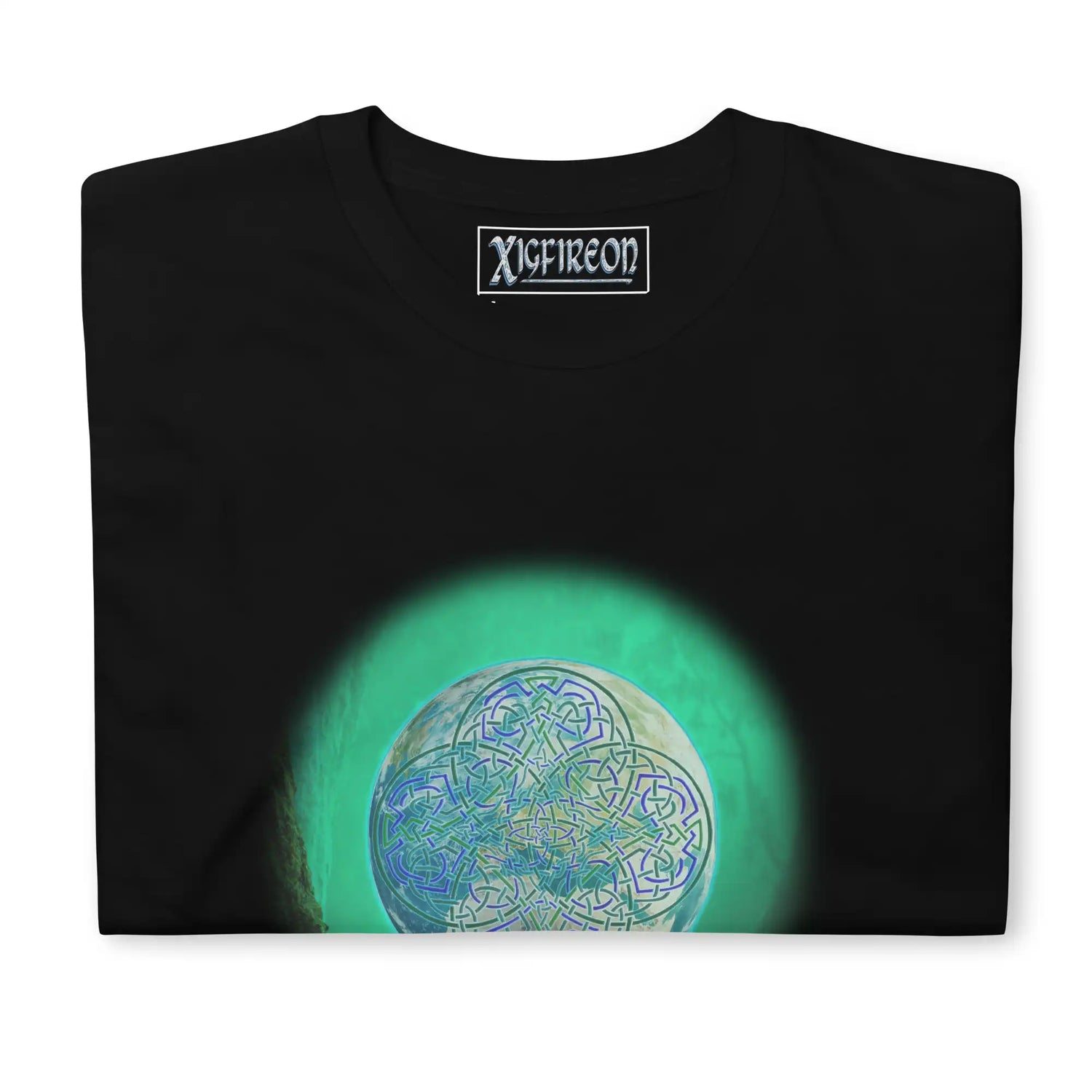 A black Xigfireon graphic t-shirt featuring the Deep Forest iteration of the Reach Of The Spirit Celtic knot design. The Reach Of The Spirit Celtic knot represents Mother Earth.