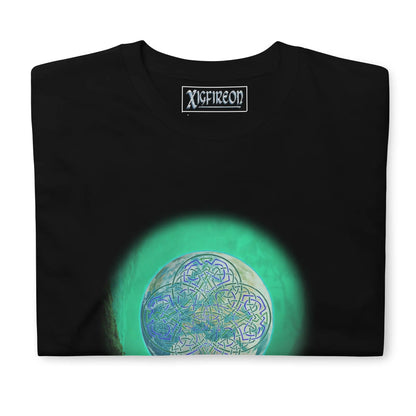 A black Xigfireon graphic t-shirt featuring the Deep Forest iteration of the Reach Of The Spirit Celtic knot design. The Reach Of The Spirit Celtic knot represents Mother Earth.