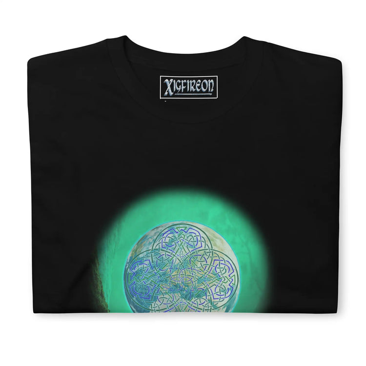 A black Xigfireon graphic t-shirt featuring the Deep Forest iteration of the Reach Of The Spirit Celtic knot design. The Reach Of The Spirit Celtic knot represents Mother Earth.