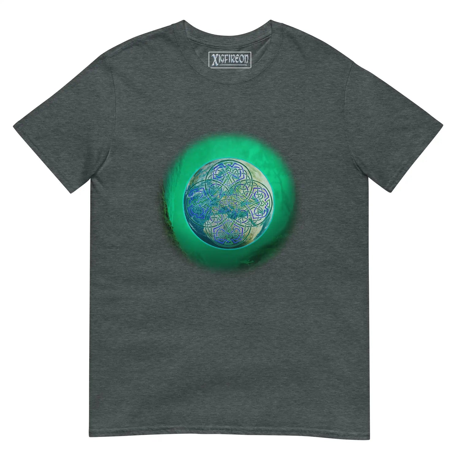 A dark heather Xigfireon graphic t-shirt featuring the Deep Forest iteration of the Reach Of The Spirit Celtic knot design. The Reach Of The Spirit Celtic knot represents Mother Earth.