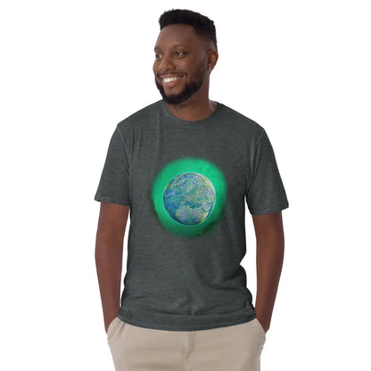 A young man wearing a dark heather Xigfireon graphic t-shirt featuring the Deep Forest iteration of the Reach Of The Spirit Celtic knot design. The Reach Of The Spirit Celtic knot represents Mother Earth.