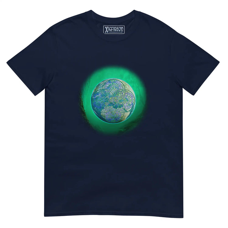 A navy blue Xigfireon graphic t-shirt featuring the Deep Forest iteration of the Reach Of The Spirit Celtic knot design. The Reach Of The Spirit Celtic knot represents Mother Earth.