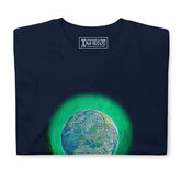 A folded navy blue Xigfireon graphic t-shirt featuring the Deep Forest iteration of the Reach Of The Spirit Celtic knot design. The Reach Of The Spirit Celtic knot represents Mother Earth.