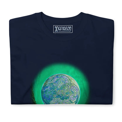 A folded navy blue Xigfireon graphic t-shirt featuring the Deep Forest iteration of the Reach Of The Spirit Celtic knot design. The Reach Of The Spirit Celtic knot represents Mother Earth.