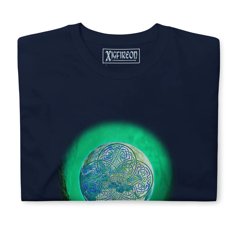 A folded navy blue Xigfireon graphic t-shirt featuring the Deep Forest iteration of the Reach Of The Spirit Celtic knot design. The Reach Of The Spirit Celtic knot represents Mother Earth.