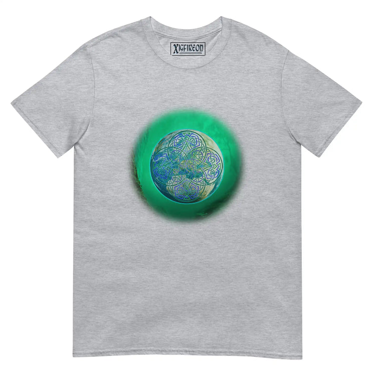 A sport grey Xigfireon graphic t-shirt featuring the Deep Forest iteration of the Reach Of The Spirit Celtic knot design. The Reach Of The Spirit Celtic knot represents Mother Earth.