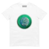 A white Xigfireon graphic t-shirt featuring the Deep Forest iteration of the Reach Of The Spirit Celtic knot design. The Reach Of The Spirit Celtic knot represents Mother Earth.