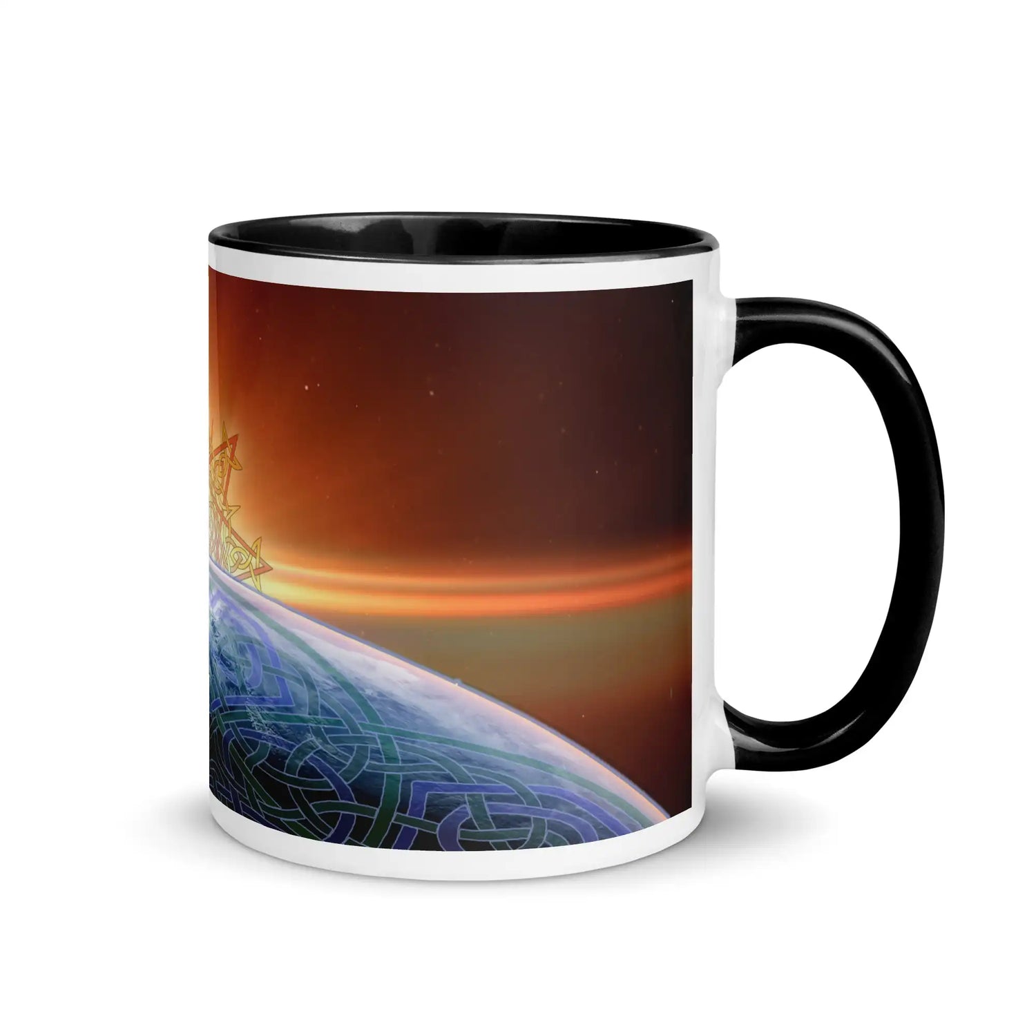 An 11oz Xigfireon ceramic graphic mug with black color inside, viewed with the handle to the right, featuring the Derivation II Celtic knots merger design.