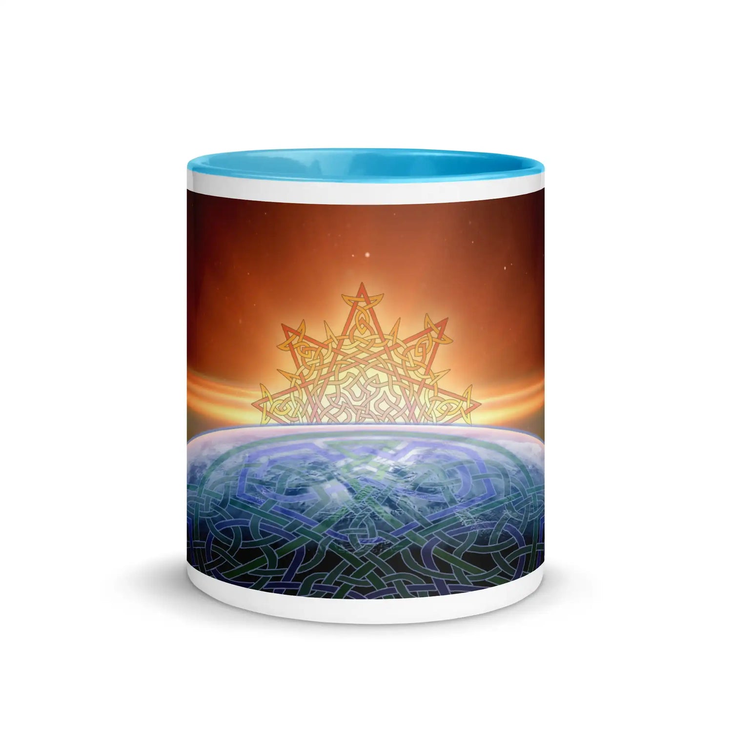 An 11oz Xigfireon ceramic graphic mug with blue color inside featuring the Derivation II Celtic knots merger design.