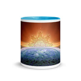 An 11oz Xigfireon ceramic graphic mug with blue color inside featuring the Derivation II Celtic knots merger design.