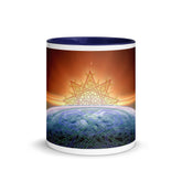 An 11oz Xigfireon ceramic graphic mug with dark blue color inside featuring the Derivation II Celtic knots merger design.