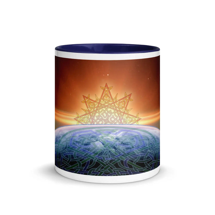 An 11oz Xigfireon ceramic graphic mug with dark blue color inside featuring the Derivation II Celtic knots merger design.