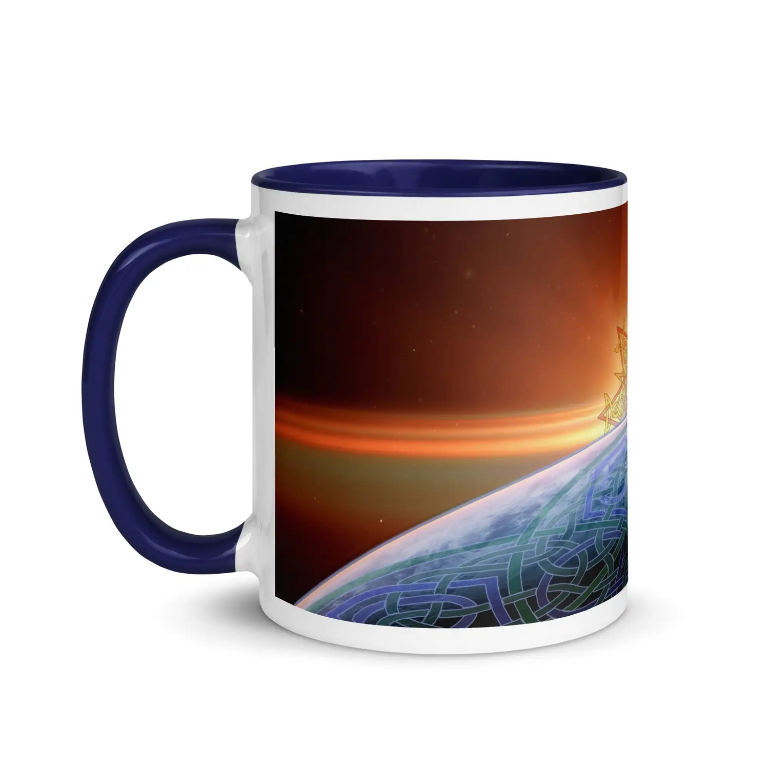 An 11oz Xigfireon ceramic graphic mug with dark blue color inside, viewed with the handle to the left, featuring the Derivation II Celtic knots merger design.