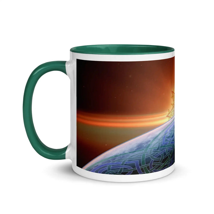 An 11oz Xigfireon ceramic graphic mug with dark green color inside, viewed with the handle to the left, featuring the Derivation II Celtic knots merger design.
