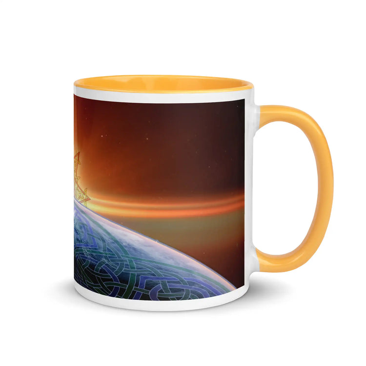 An 11oz Xigfireon ceramic graphic mug with golden yellow color inside, viewed with the handle to the right, featuring the Derivation II Celtic knots merger design.