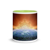 An 11oz Xigfireon ceramic graphic mug with green color inside featuring the Derivation II Celtic knots merger design.