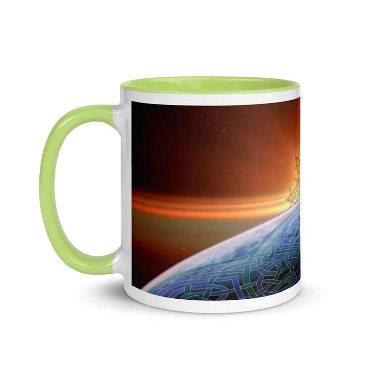 An 11oz Xigfireon ceramic graphic mug with green color inside, viewed with the handle to the left, featuring the Derivation II Celtic knots merger design.