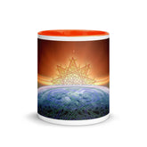 An 11oz Xigfireon ceramic graphic mug with orange color inside featuring the Derivation II Celtic knots merger design.