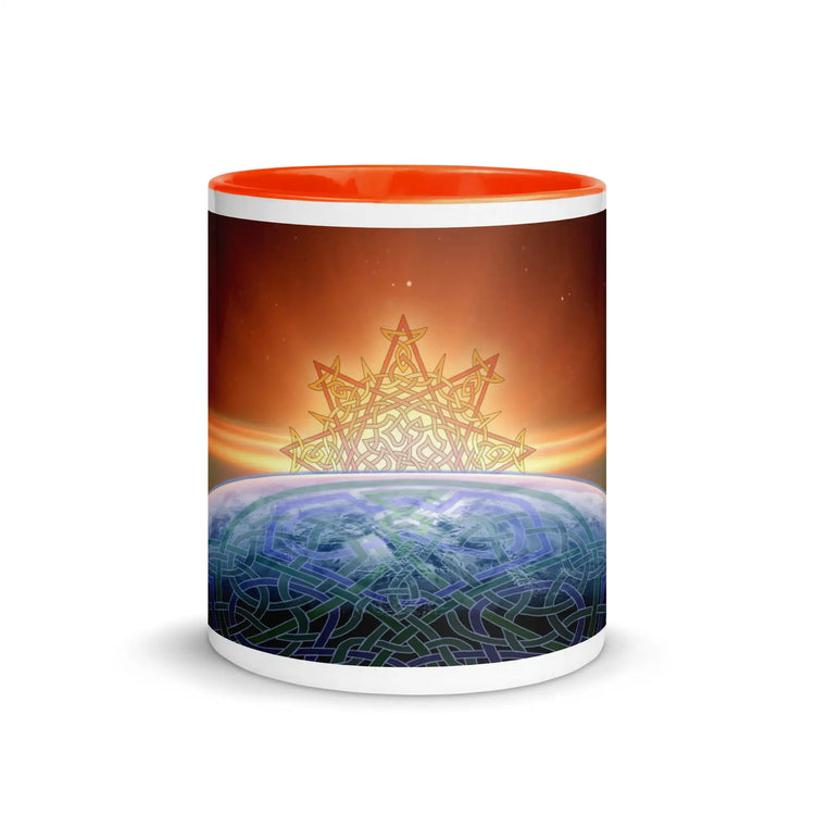 An 11oz Xigfireon ceramic graphic mug with orange color inside featuring the Derivation II Celtic knots merger design.