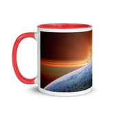 An 11oz Xigfireon ceramic graphic mug with red color inside, viewed with the handle to the left, featuring the Derivation II Celtic knots merger design.