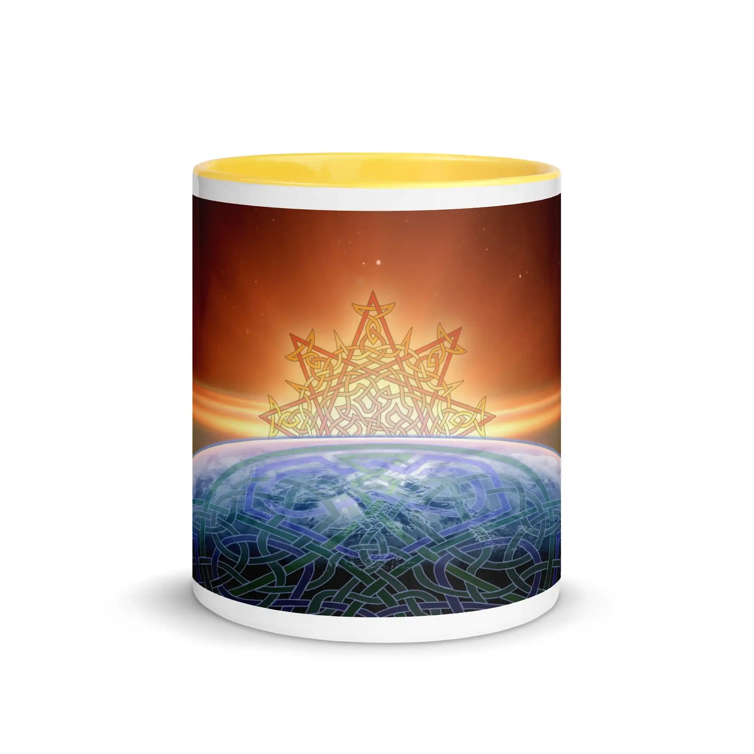 An 11oz Xigfireon ceramic graphic mug with yellow color inside featuring the Derivation II Celtic knots merger design.