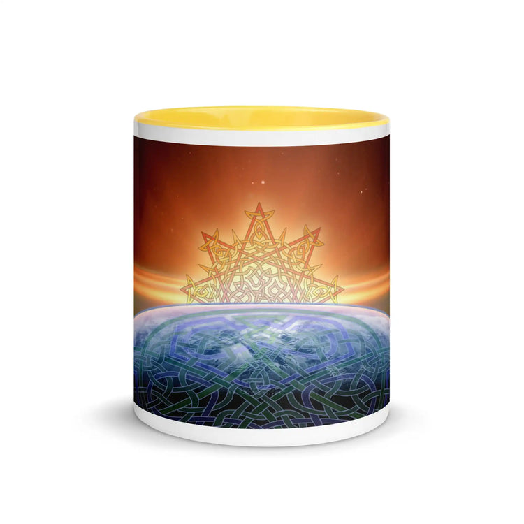 An 11oz Xigfireon ceramic graphic mug with yellow color inside featuring the Derivation II Celtic knots merger design.