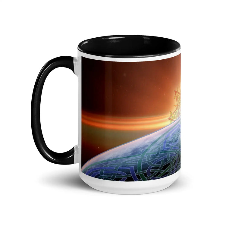 A 15oz Xigfireon ceramic graphic mug with black color inside, viewed with the handle to the left, featuring the Derivation II Celtic knots merger design.