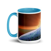 A 15oz Xigfireon ceramic graphic mug with blue color inside, viewed with the handle to the left, featuring the Derivation II Celtic knots merger design.