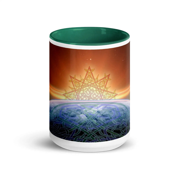 A 15oz Xigfireon ceramic graphic mug with dark green color inside featuring the Derivation II Celtic knots merger design.