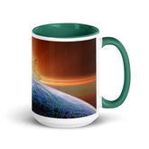 A 15oz Xigfireon ceramic graphic mug with dark green color inside, viewed with the handle to the right, featuring the Derivation II Celtic knots merger design.