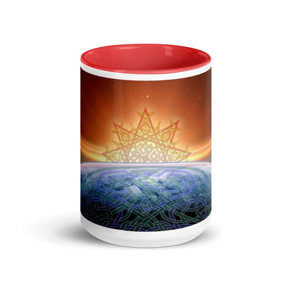 A 15oz Xigfireon ceramic graphic mug with red color inside featuring the Derivation II Celtic knots merger design.