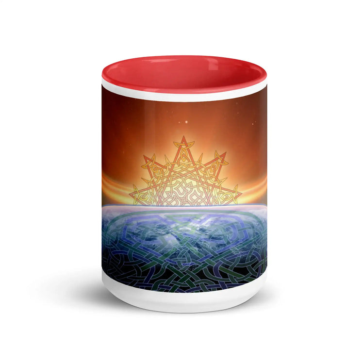 A 15oz Xigfireon ceramic graphic mug with red color inside featuring the Derivation II Celtic knots merger design.