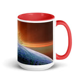 A 15oz Xigfireon ceramic graphic mug with red color inside, viewed with the handle to the right, featuring the Derivation II Celtic knots merger design.
