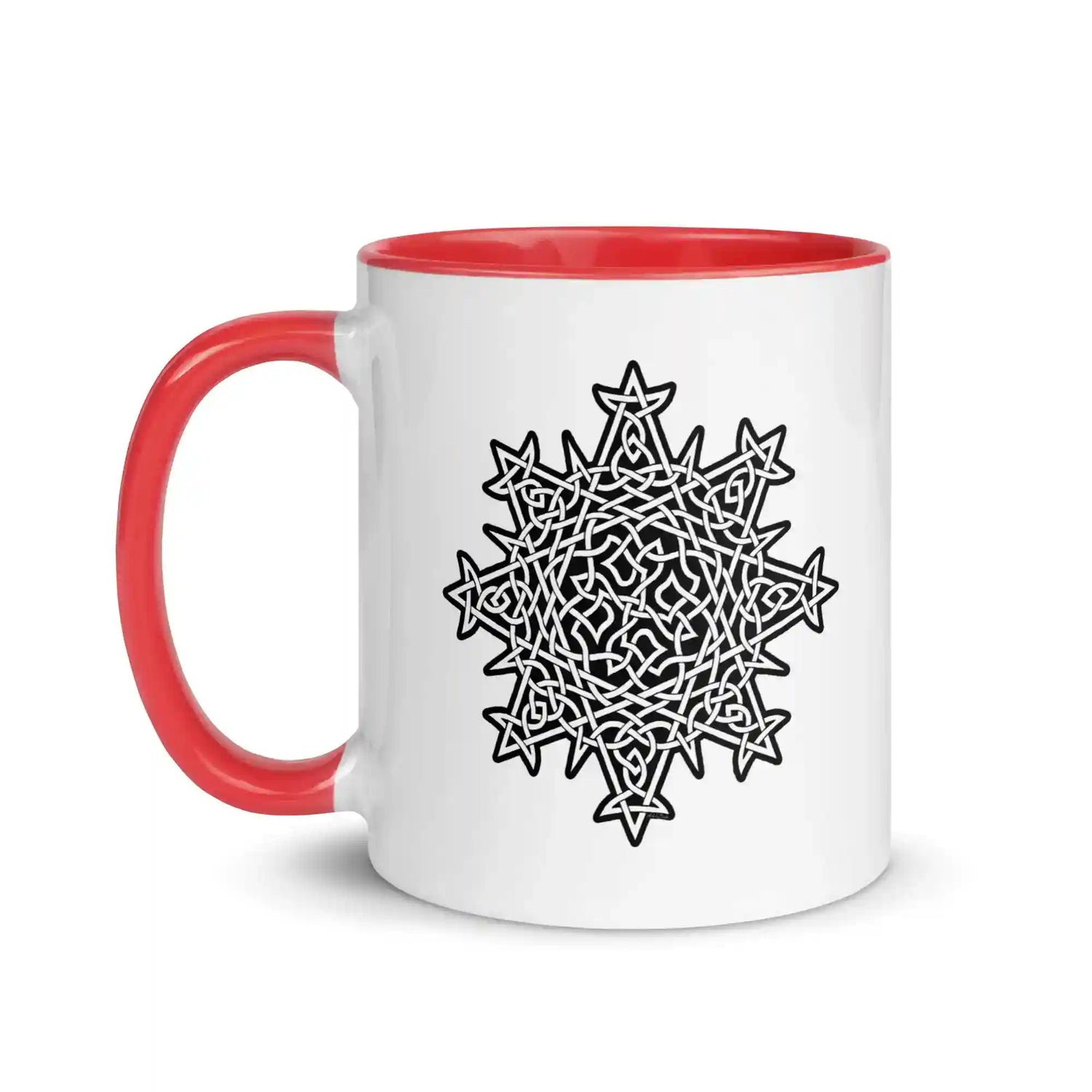 A Xigfireon white ceramic 11oz mug featuring the Black & White Solid iteration of the Morning Star Fire Celtic knot design, with red handle and inside. This Celtic knot symbolizes Father Sun.