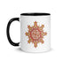 A Xigfireon white ceramic 11oz mug featuring the Fire Colour iteration of the Morning Star Fire Celtic knot design, with black handle and inside. This Celtic knot symbolizes Father Sun.