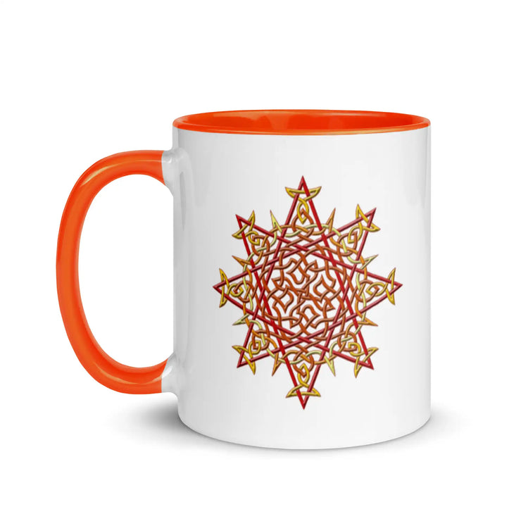 A Xigfireon white ceramic 11oz mug featuring the Fire Colour iteration of the Morning Star Fire Celtic knot design, with orange handle and inside. This Celtic knot symbolizes Father Sun.