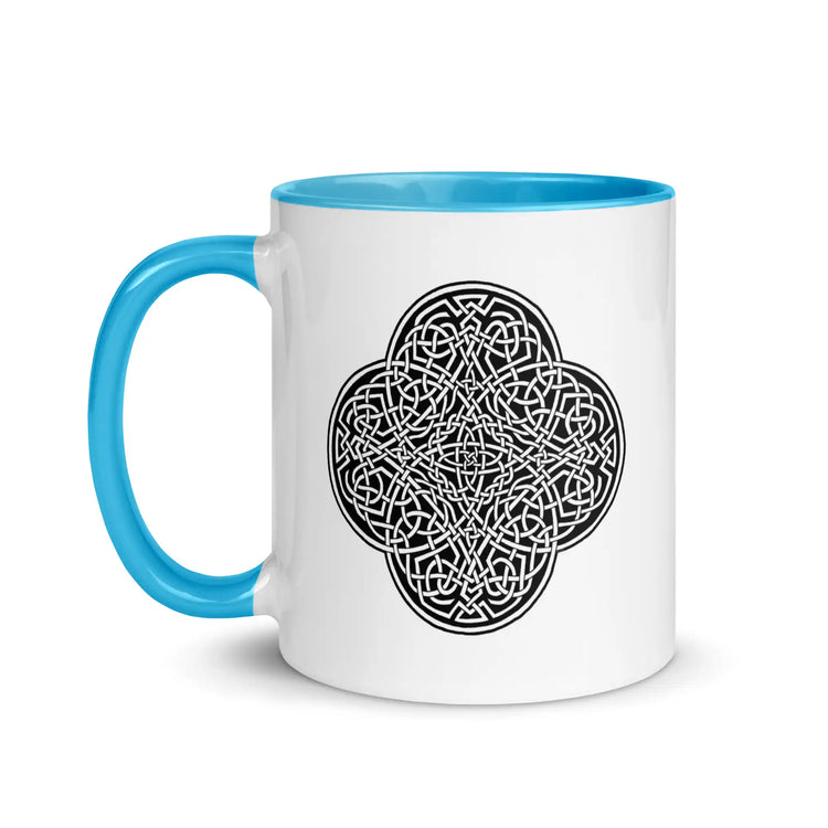 A Xigfireon white ceramic 11oz mug featuring the Black & White Solid iteration of the Reach Of The Spirit Celtic knot design, with blue handle and inside. This Celtic knot symbolizes Mother Earth.