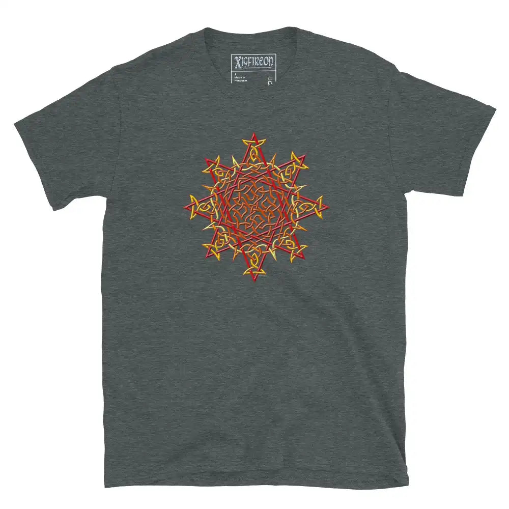 A dark heather Xigfireon graphic t-shirt featuring the Fire Colour iteration of the Morning Star Fire Celtic knot design. The Morning Star Fire Celtic knot symbolizes the Sun.