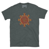 A dark heather Xigfireon graphic t-shirt featuring the Fire Colour iteration of the Morning Star Fire Celtic knot design. The Morning Star Fire Celtic knot symbolizes the Sun.